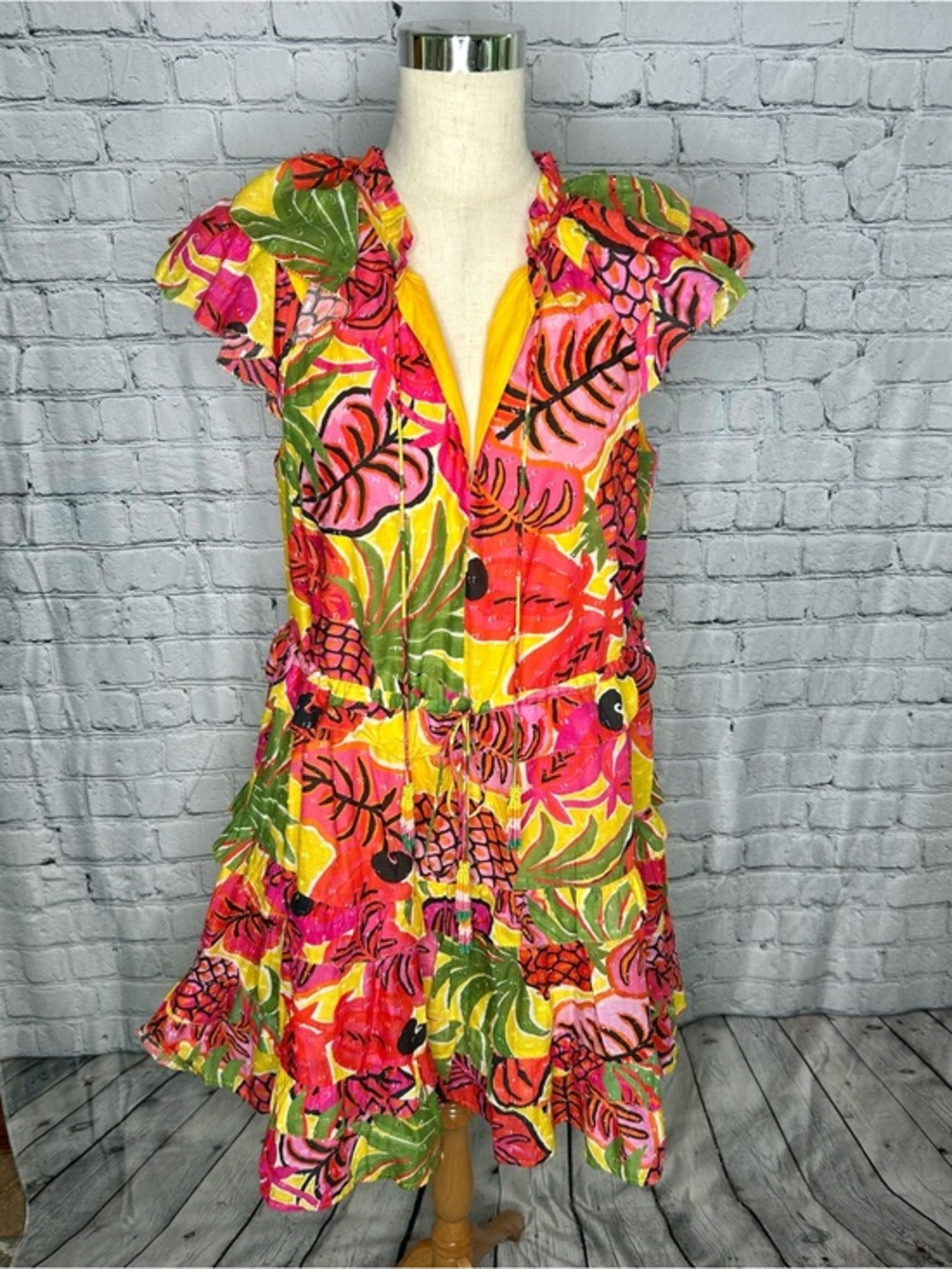 Farm Rio Fruit Dream Tiered Ruffle Mini Dress NWT Tropical Fruit Print Large